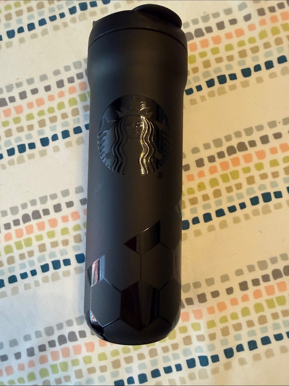 Starbucks Black Travel Tumbler with Soccer ball  pattern
